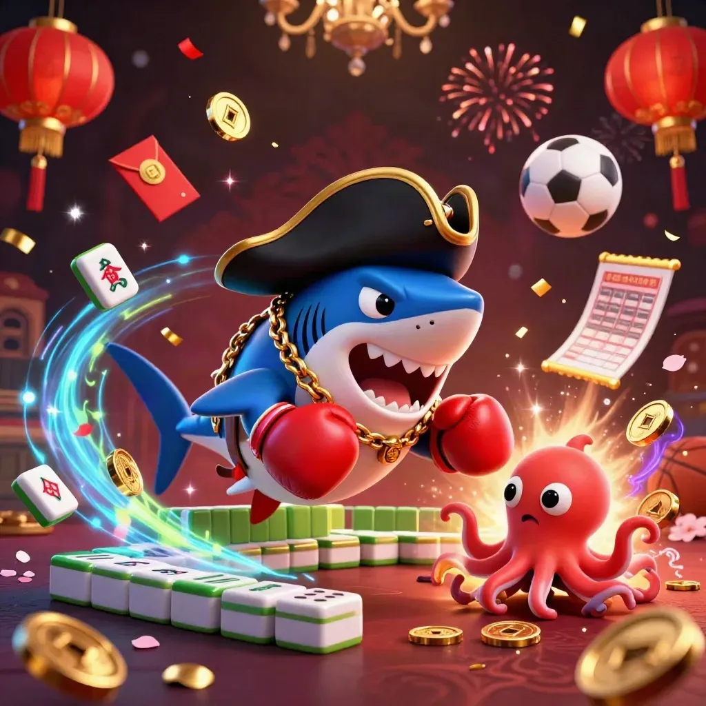 Shark pirate, pufferfish, and octopus amid casino props and fireworks.