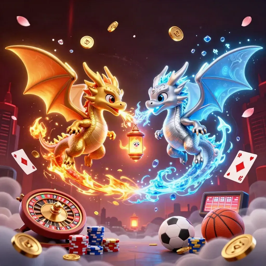 Gold and silver dragons in yin-yang flight amid casino coins, chips, cards, and neon haze.
