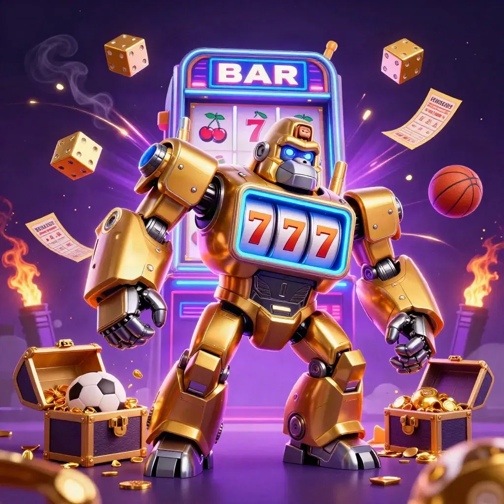Golden gorilla mech bursts from a slot machine with jackpot lights, flying symbols, and a tiny monkey pilot.