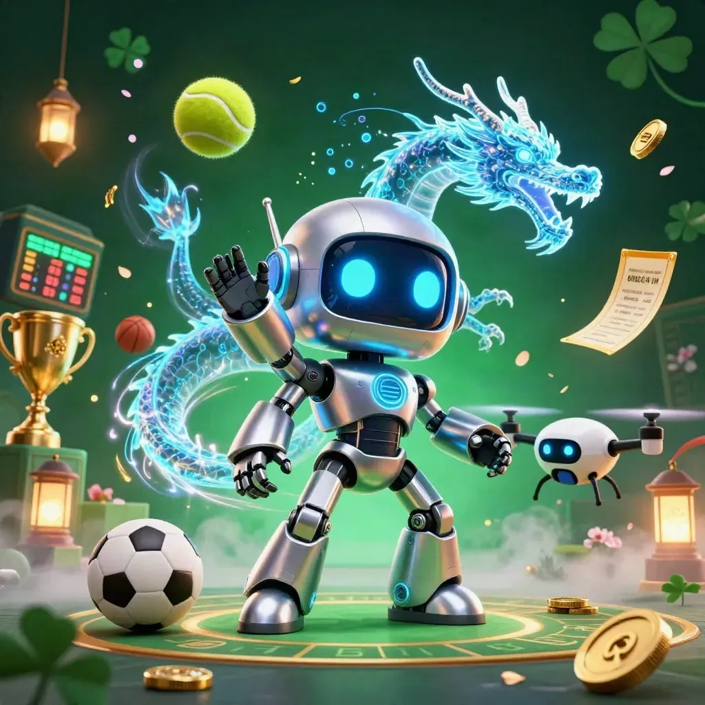 Cyberpunk robot, holographic dragon, drone and flying sports balls in a neon arena.