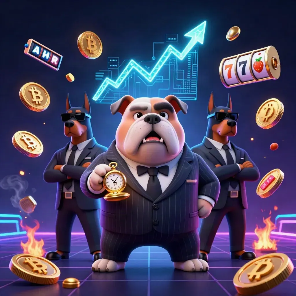 Bulldog boss and Doberman guards amid neon crypto casino chaos on a dark futuristic grid.