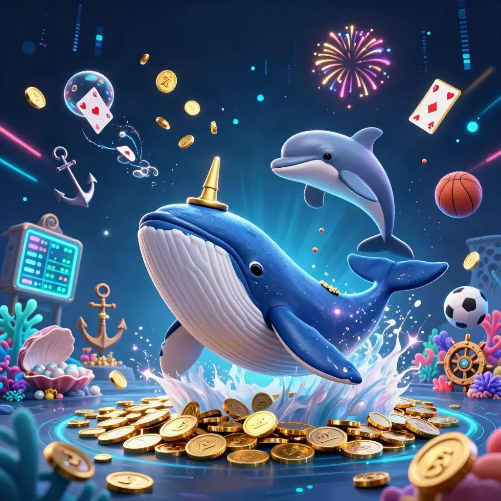 Whale captain, narwhal and dolphins burst through coins with neon treasure effects.