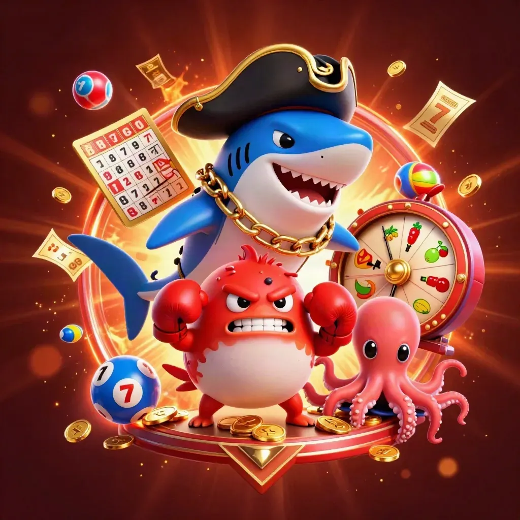 Shark pirate, angry pufferfish and baby octopus amid casino reels, coins and glowing tokens.