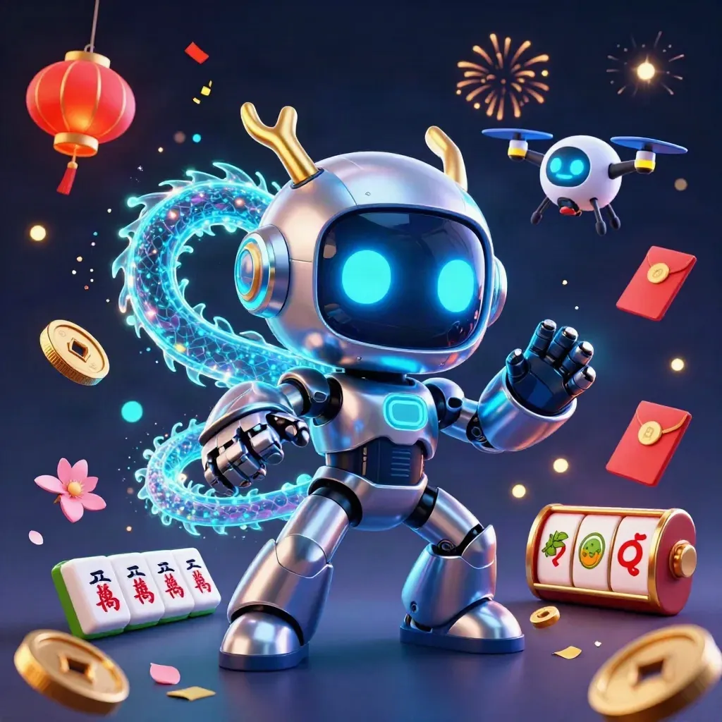 Cyberpunk robot, holographic dragon and coin drone amid casino lucky symbols on a dark neon background.